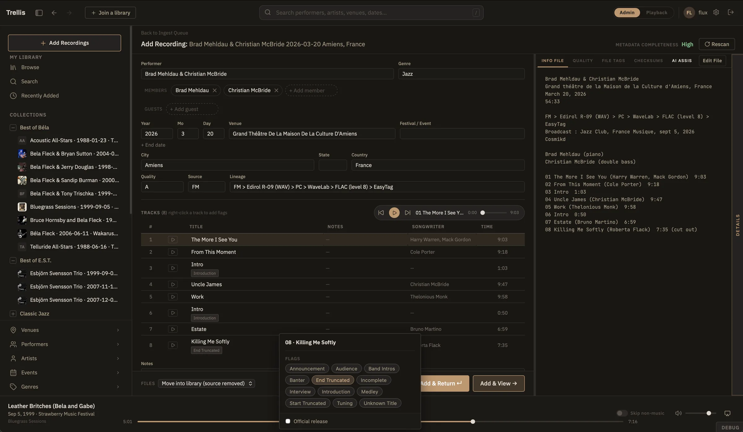 The Add Recording form with parsed metadata and the track flag menu open