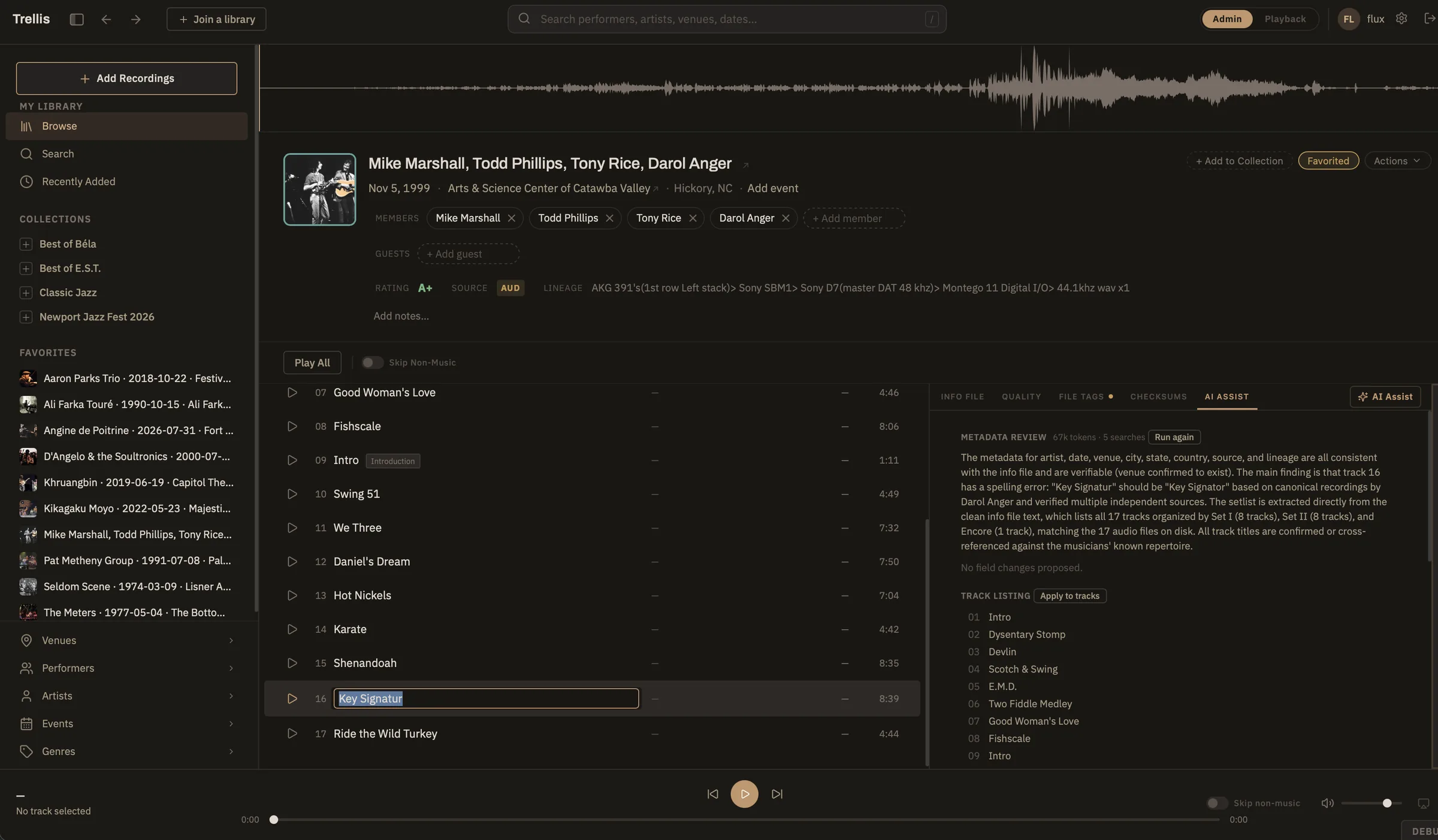The AI Assist panel reviewing a recording and proposing a corrected track title