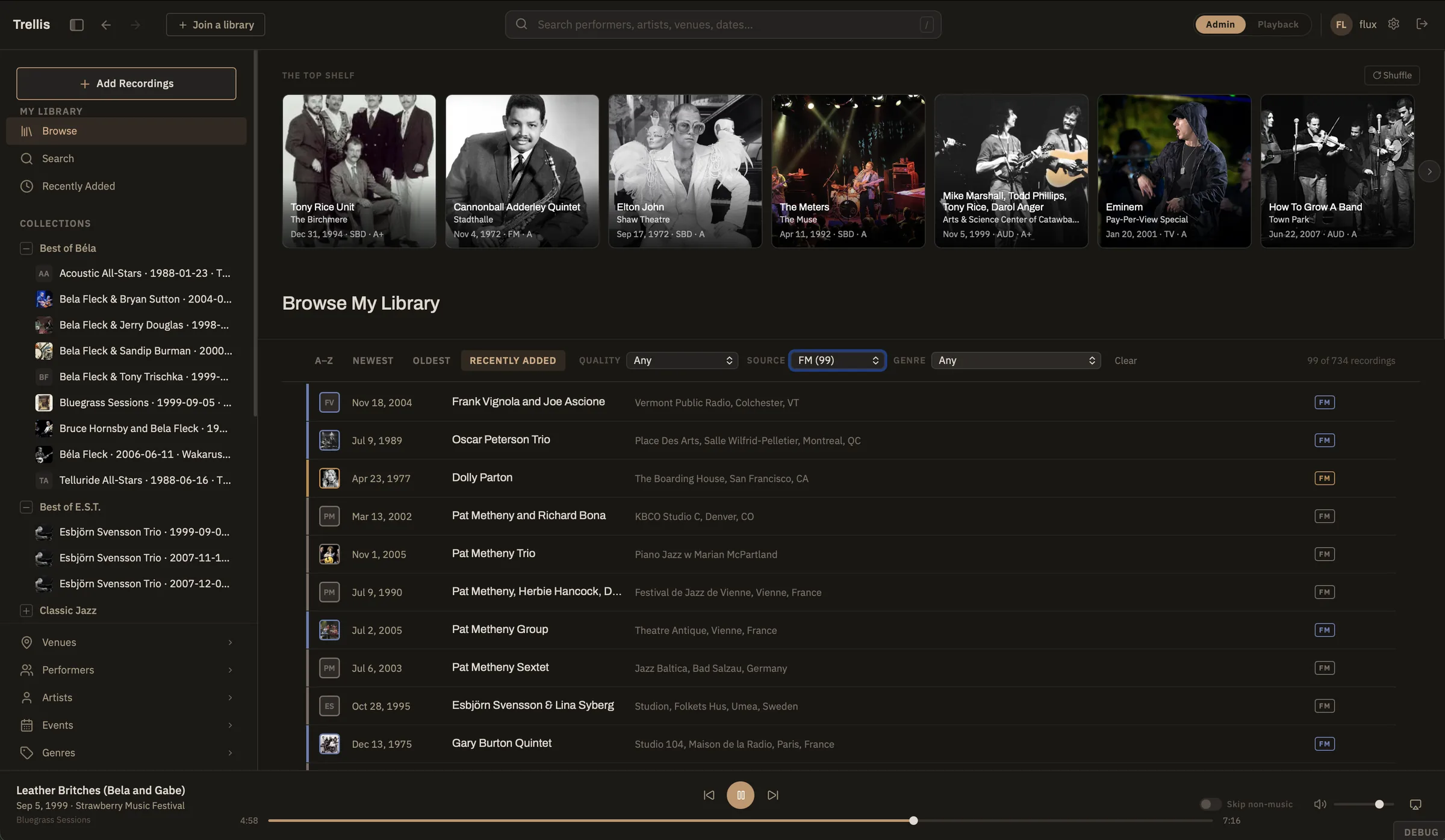 The Top Shelf row above Browse My Library, with recordings listed by date, performer and venue