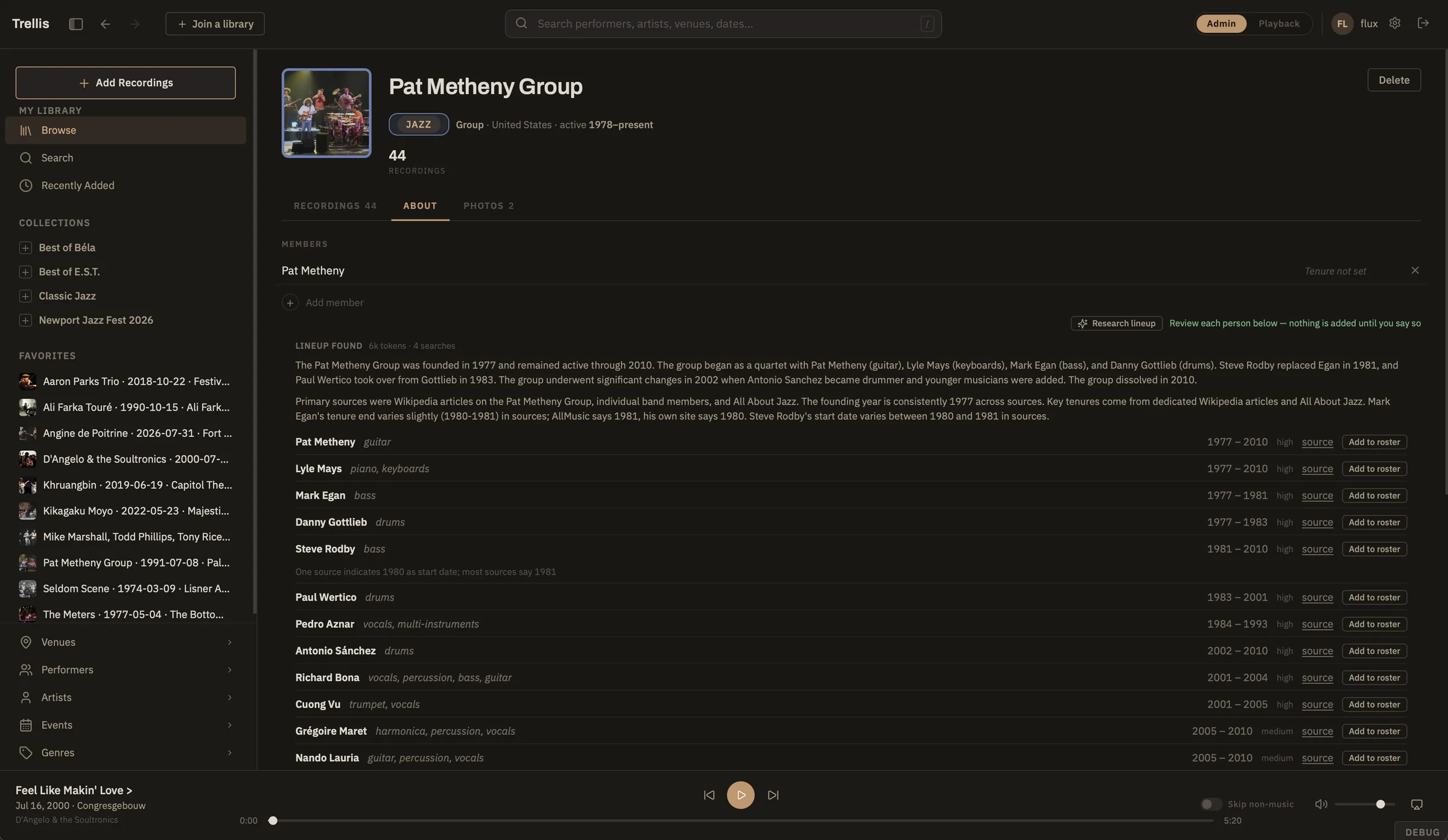 A performer page with a researched lineup, each person listed with instrument, tenure and source