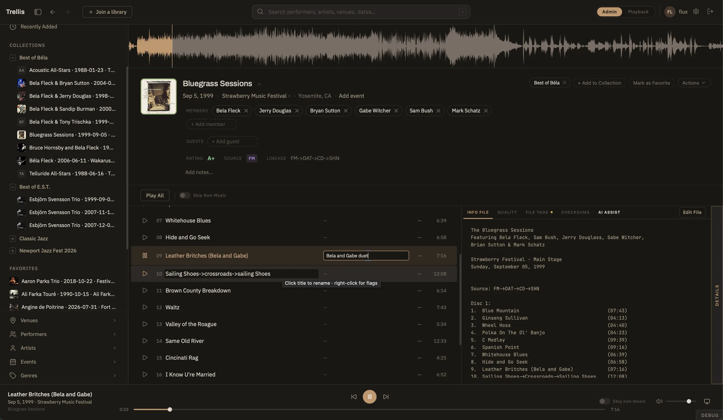 A recording page showing the waveform, members, lineage, track list and the original info file