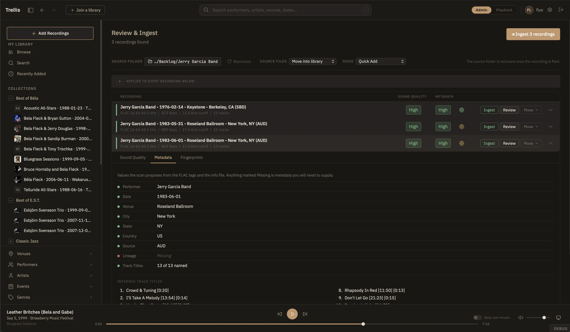 Review and Ingest, with three recordings scanned and their proposed metadata shown
