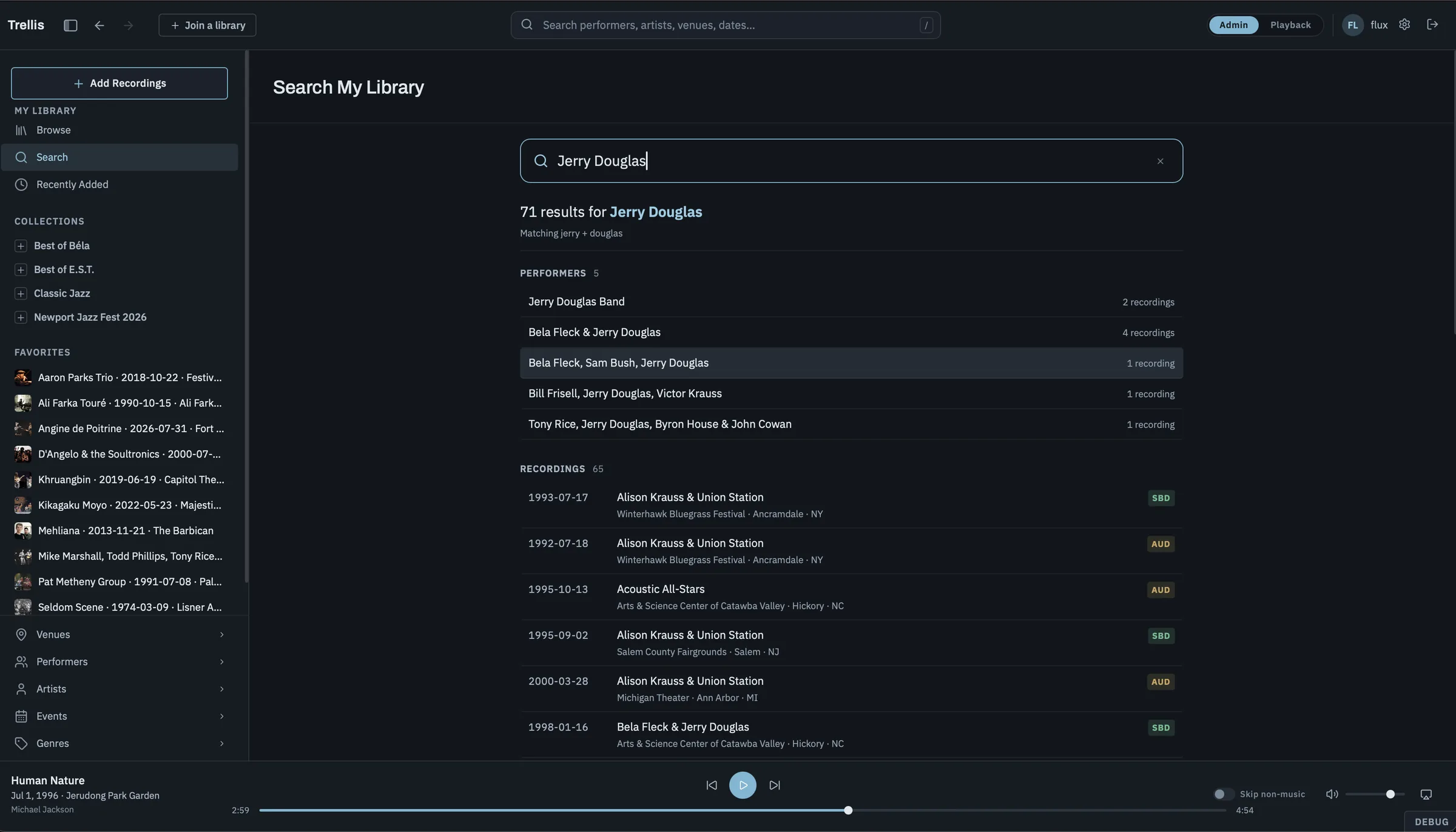 Instant search results showing a musician's membership across different acts in the collection.